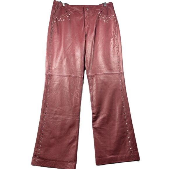 Metrostyle Women Vintage 90s Leather Pants Studded Biker Burgundy Size 12 I165 - Picture 1 of 10